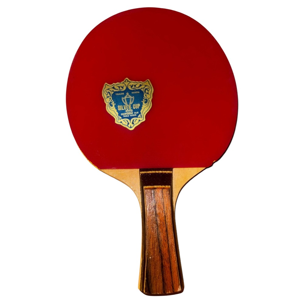 Vintage Silver Cup Table Tennis Paddle Ping Pong Racket Wood Handle Red Black